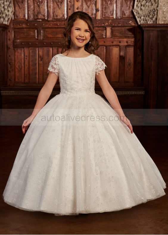 Short Sleeves Ivory Lace Glittrer Tulle Latest Flower Girl Dress